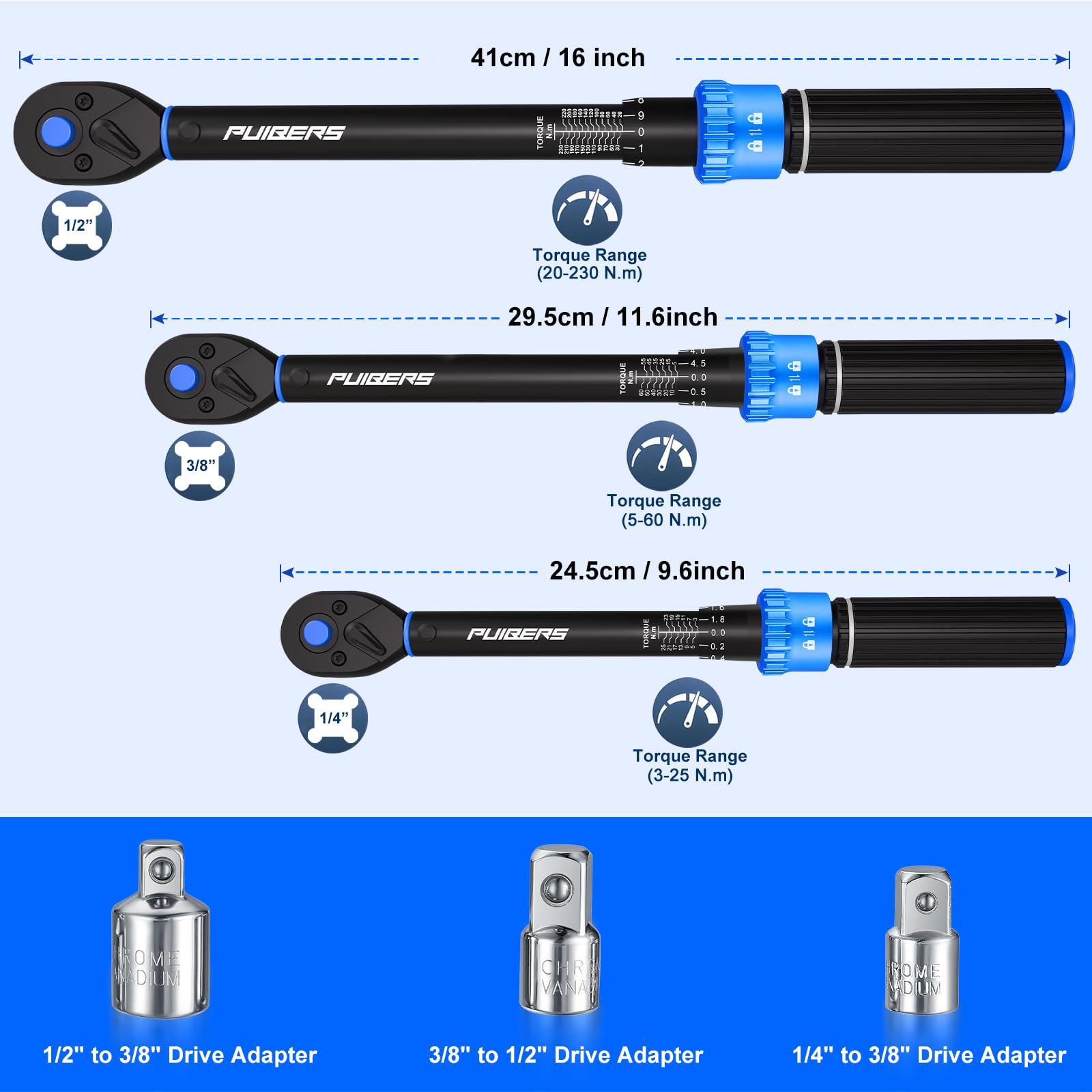 Zestaw kluczy dynamometrycznych, 0,6 cm 3-25 Nm 1 cm 5-60 Nm 0,5 cala 20-230 Nm podwójna skala, wysoce precyzyjne klucze dynamometryczne z adapterami i etui do przechowywania do naprawy