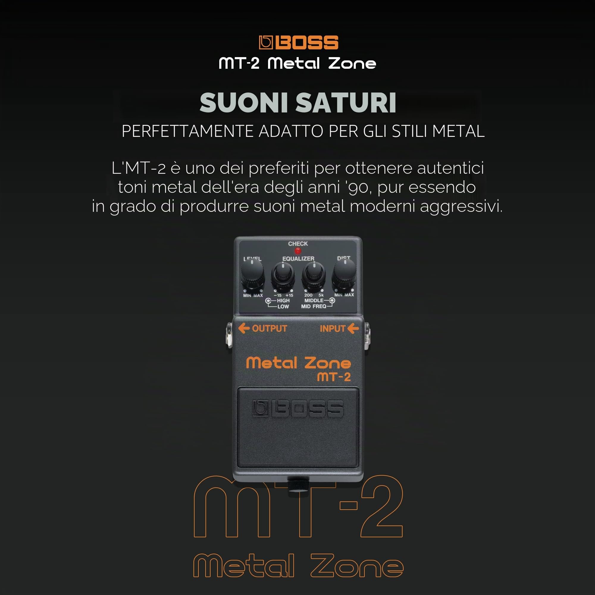 BOSS MT-2 Pedale Effetti Classic Metal Zone | Distorsione High-Gain Leggendaria per Chitarra e Basso | Circuito di Gain a Due Stadi | EQ Attivo a Tre Bande