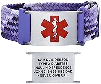 Vista 13 de Pulseras de alerta médica para mujeres, hombres, niñas, niños, pulsera de identificación médica personalizada con pulsera elástica trenzada