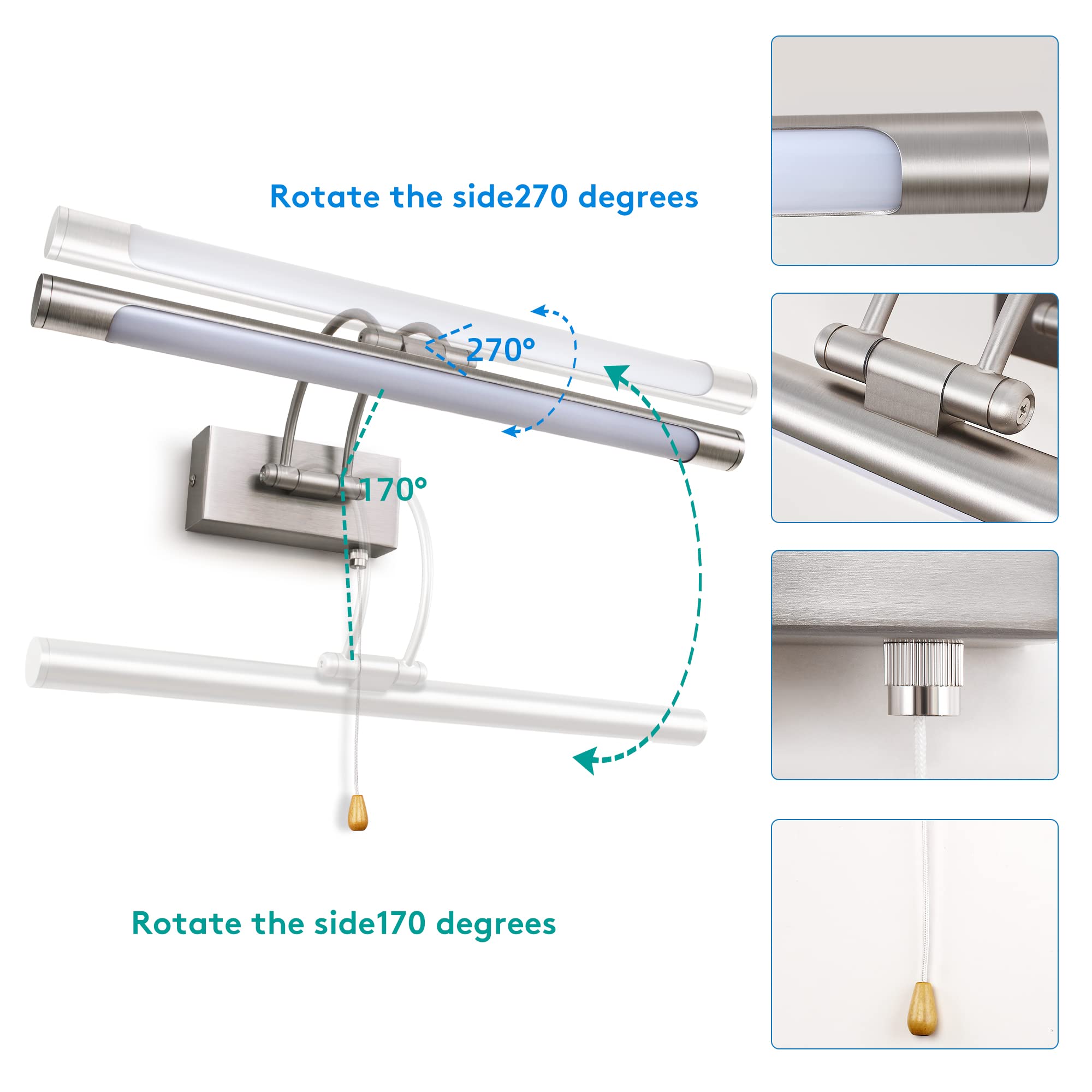 Lámpara LED para Espejo de Baño Níquel 40cm 8W 3000K, Aplique de Pared con Brazo Giratorio e Interruptor, Iluminación para Gabinete