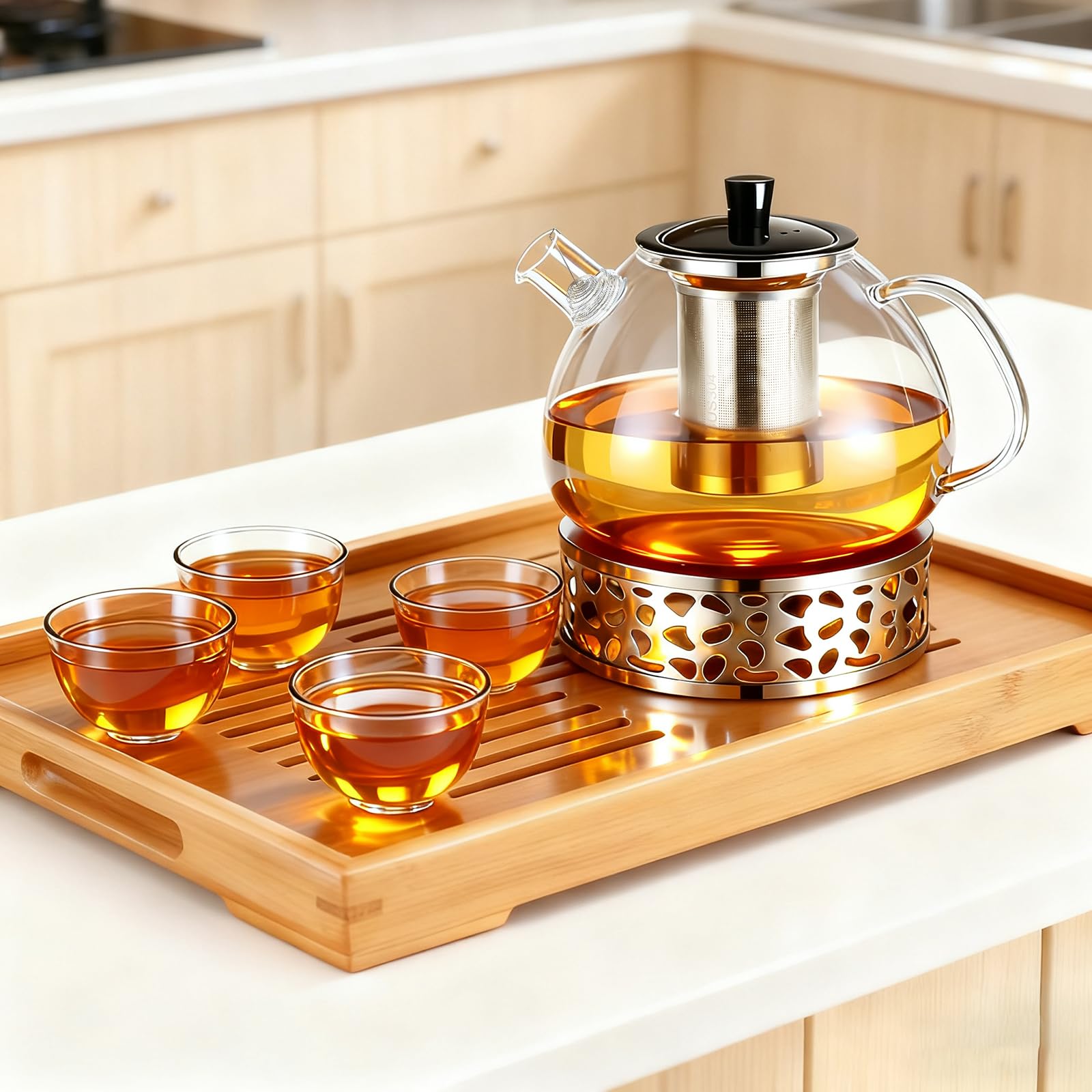 Teiera in vetro per teiera da 1500 ml - con base in acciaio inox e filtro removibile, realizzata in vetro borosilicato resistente al calore, adatta per tè verde, tè nero, tisane e bustine di tè