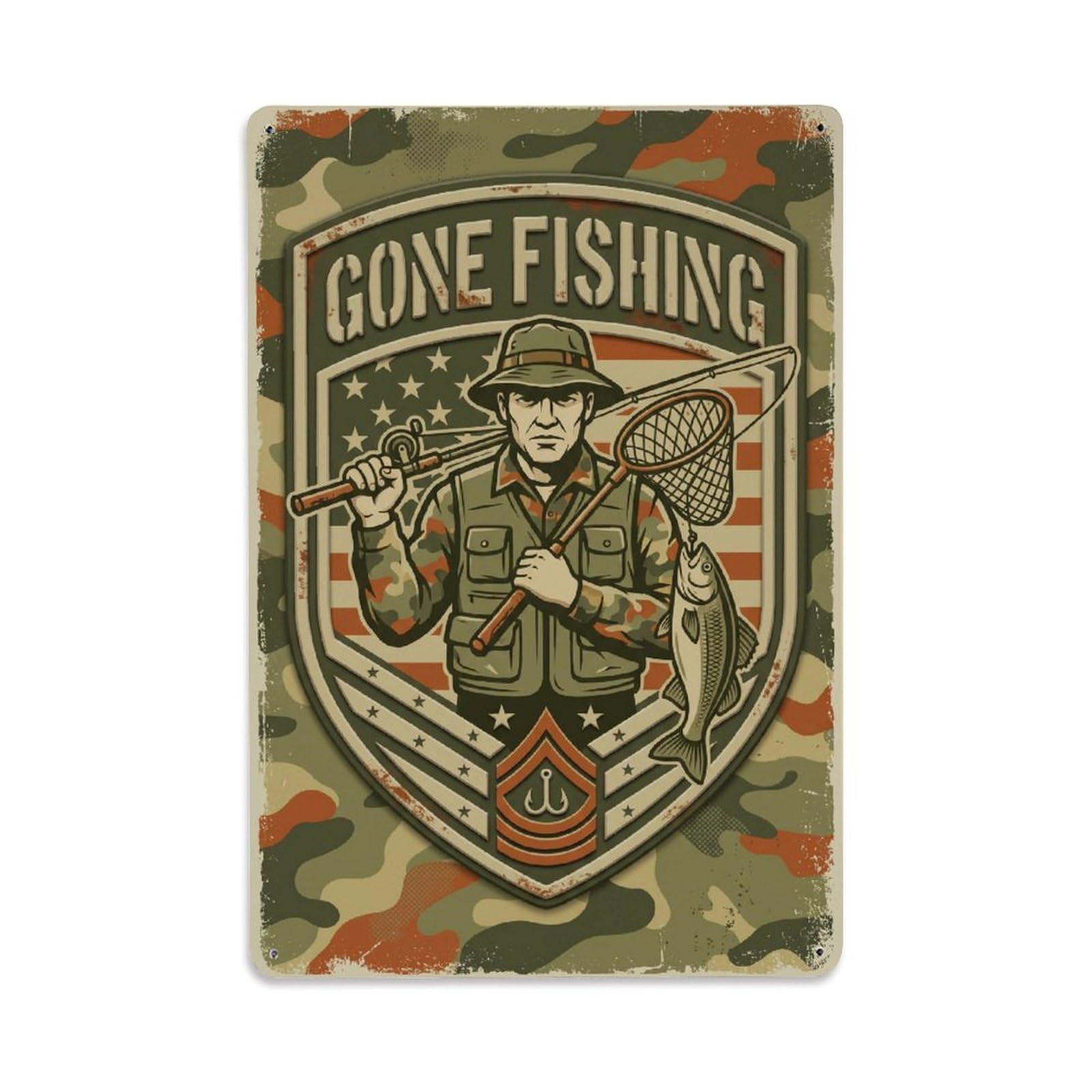 Gone Fishing Weekend Warrior Vintage Metal Tin Sign Plaque Wall Decor for Cafe, Club, Garden Metal Poster 8x12Inch