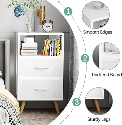 Miniatura 8 de Mesita de noche blanca para niños con cajones de tela, mesa auxiliar de guardería con almacenamiento abierto, mesa auxiliar moderna de 3 niveles,