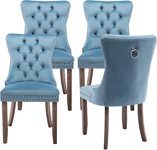 Miniatura 38 de Juego de 4 sillas de cocina modernas de terciopelo gris con anillo trasero, con patas de clavo, patas de madera maciza, tapizadas, sillas de mesa