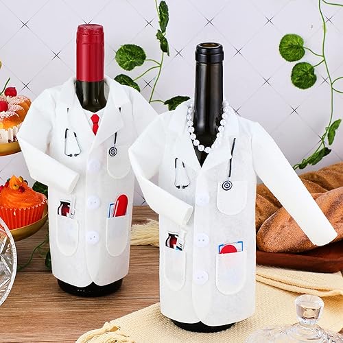 Miniatura 5 de 4 piezas de bolsa de vino de abrigo blanco de fieltro para médicos, cubierta de botella de vino blanco con corbata, abogado, manga para lata de
