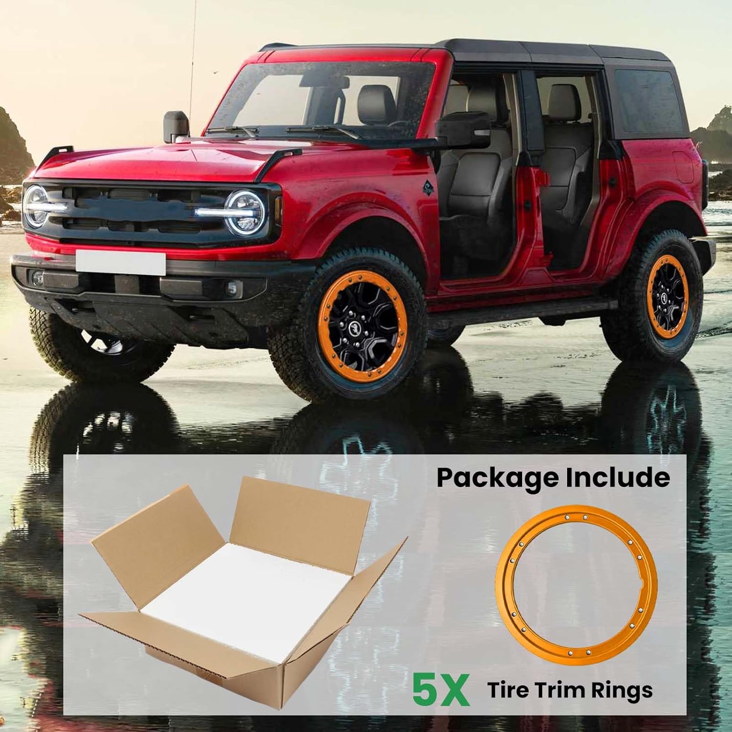 Orange Bead Lock Wheel Beauty Rings for 2021-2026 Ford Bronco Sasquatch–Performance Orange Bolt on Trim Kit NOT Fit Bronco Sport–Off Road Rim Cover Accessories