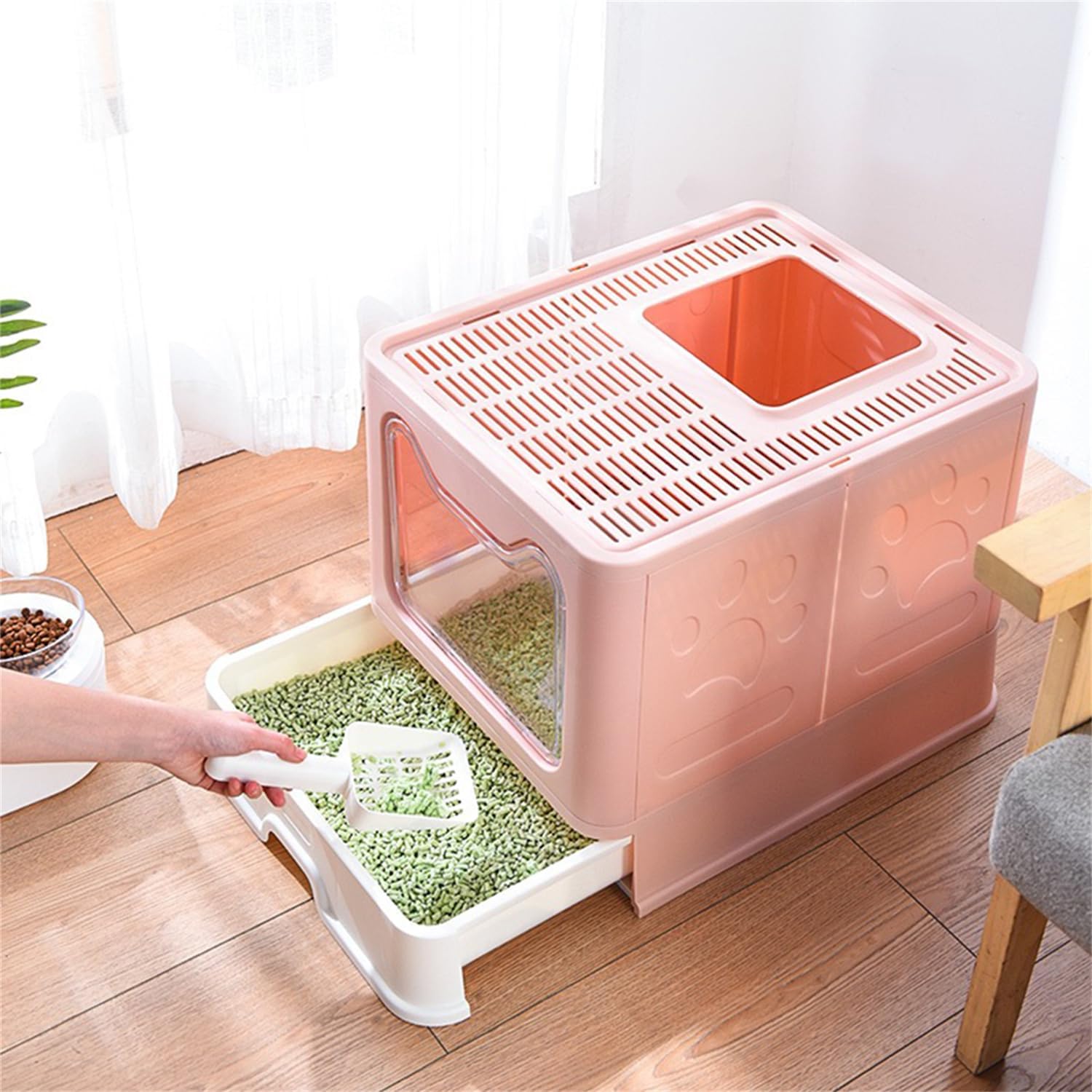 Grande Maison Deles - Lettiera pieghevole con coperchio rimovibile e paletta per gatti di grandi dimensioni (51 x 41 x 38 cm, rosa)