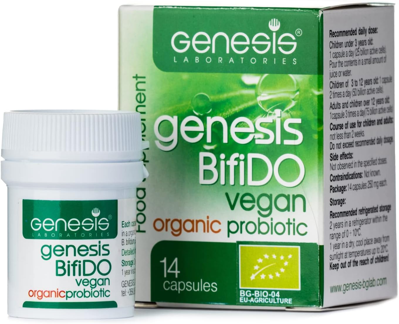 Genesis Bifido Bio Vegan Probiotic with Lactobacillus and Bifidobacterium Strains May Support Gut Helth, Digestion, Immune System 250 Mg per Capsule 14 caps