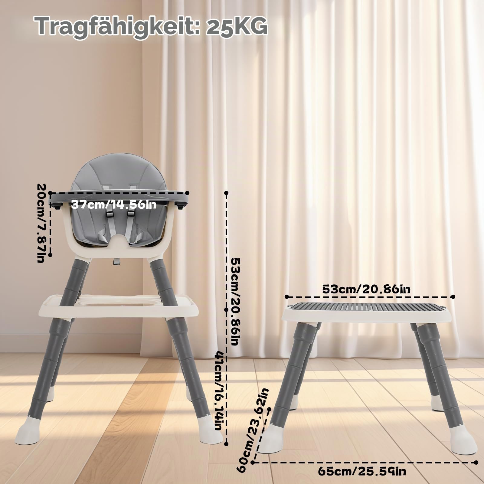 Hochstuhl Baby 7 in 1 Kinderhochstuhl,Babystuhl mit Esstisch,Fußstütze,Korb,Sicherheitsgurt und Abnehmbares Doppeltablett,Babyhochstuhl ab 6 Monate (Grau)