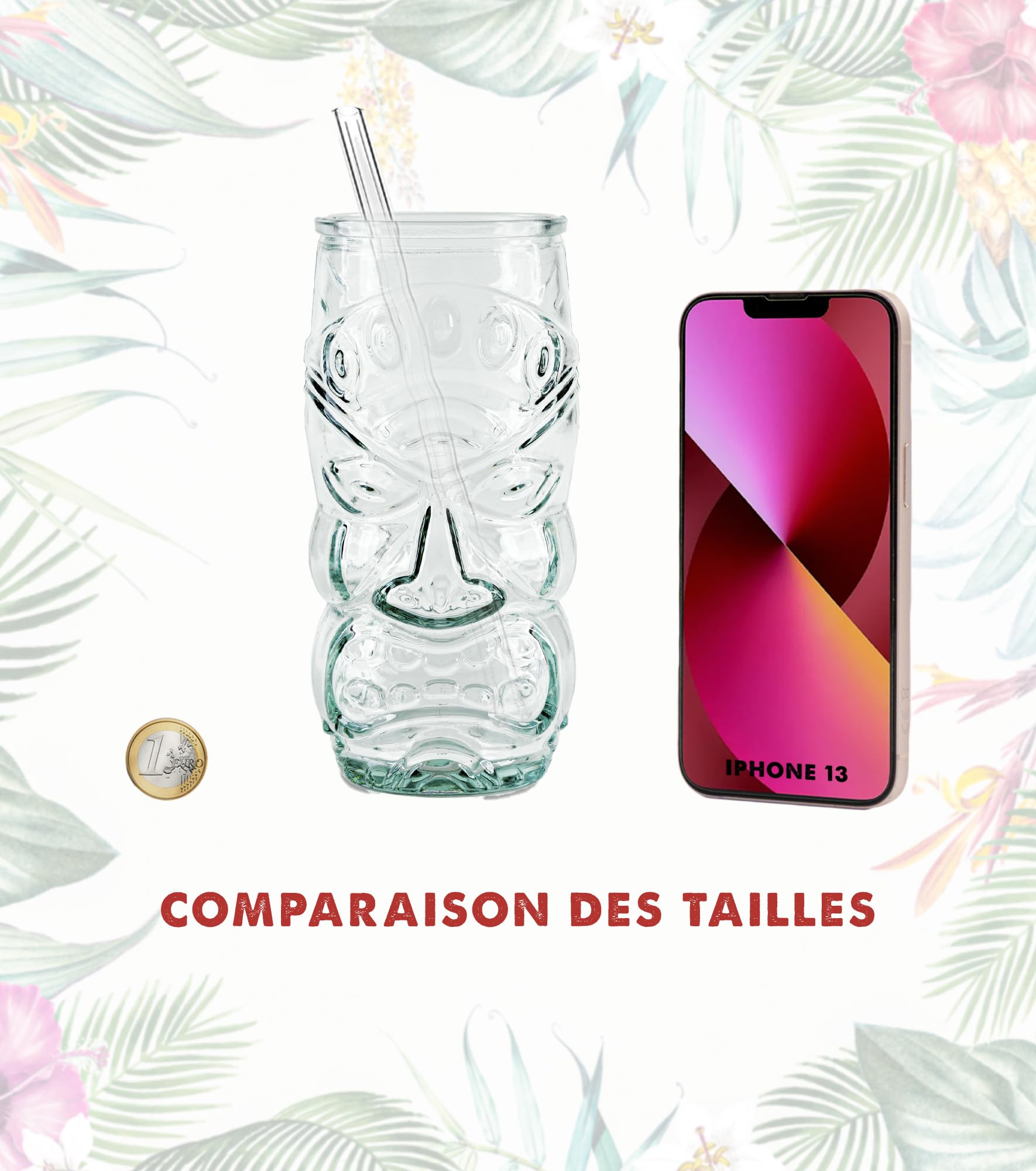Verres Tiki pour Cocktails et Sangria - Gobelet Long en Verre Recyclé 500 ml - pour Boissons Froides, Bacardi, et Enfants
