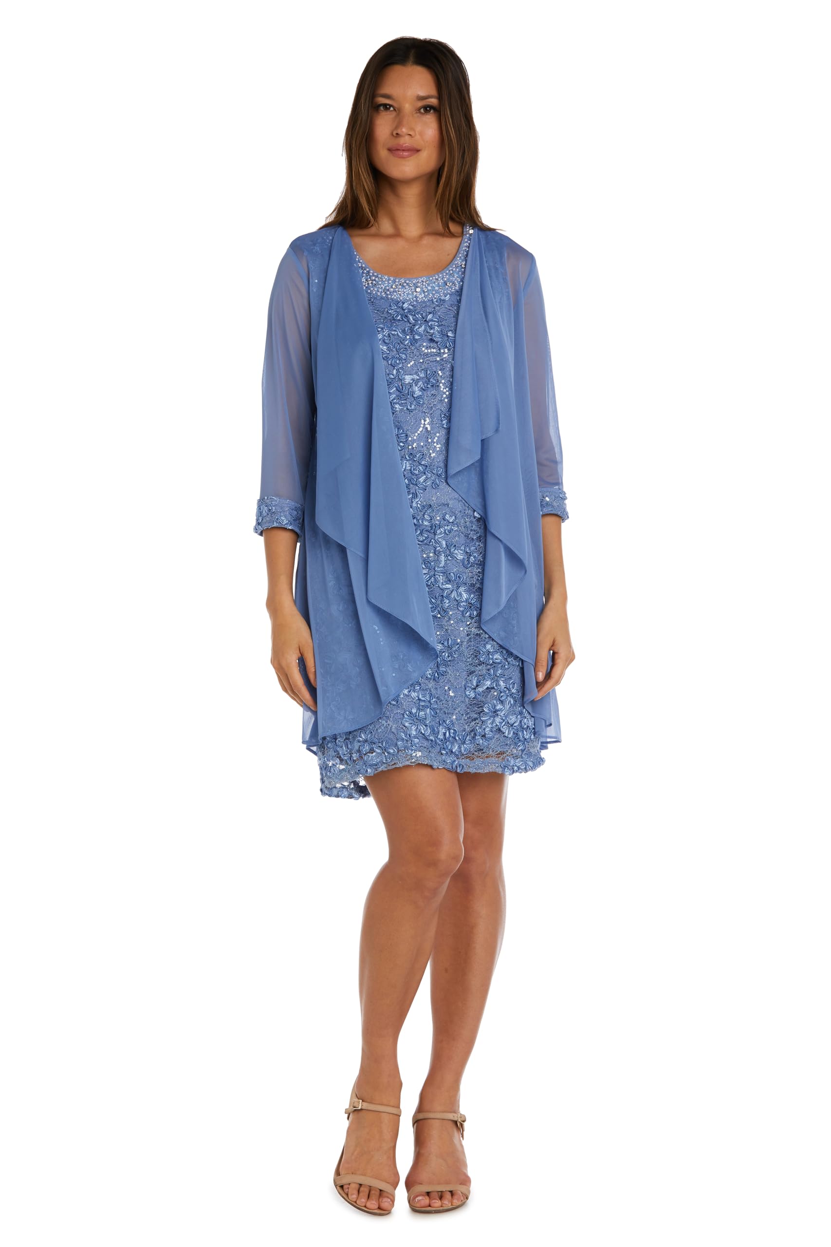 Beaded Jacket Dress W/Sheer 3/4 Sleeve Shrug in Pebble Georgette