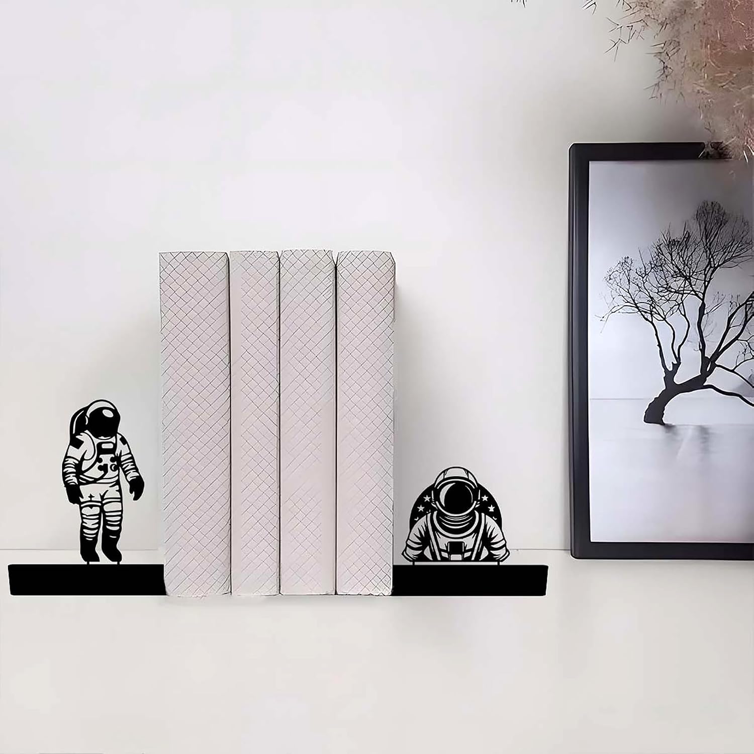 Unique Astronaut Bookends for Shelves, Black Metal image 3