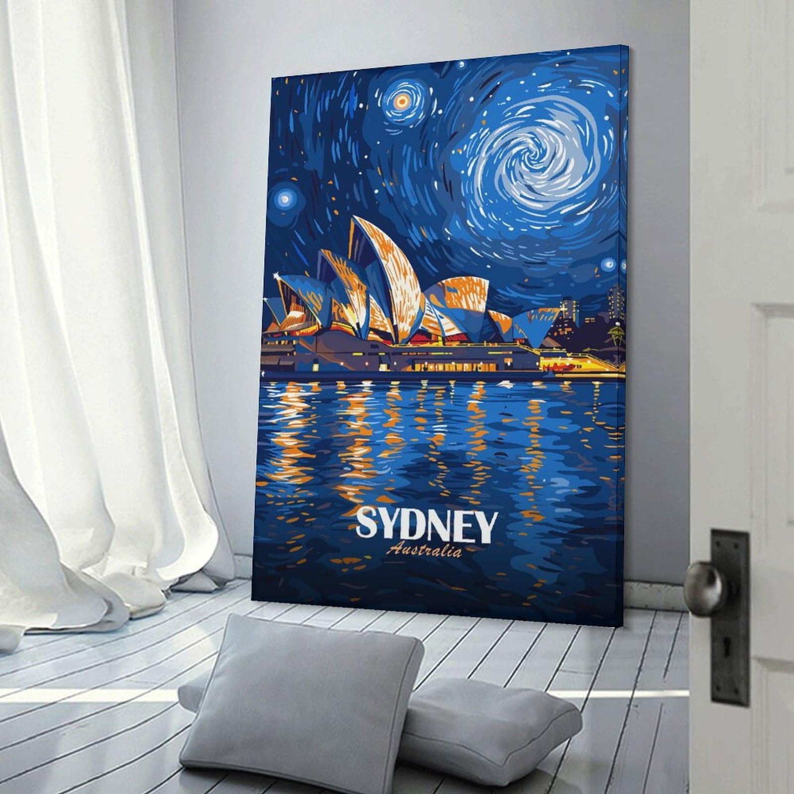 Junmoney Sydney Opera House Night Art Canvas Wall Decor 24x36inch(60x90cm), for Lounge, Study, Hallway Or Flat Walls, Canvas Wall Art That Fits Changing Layouts