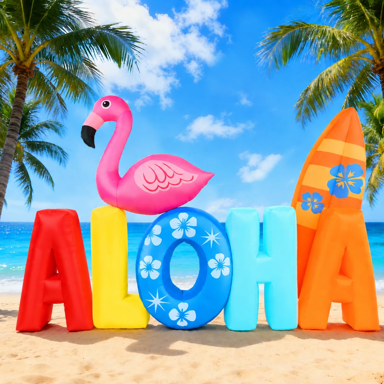 Photo 1 of Ahititi 7FT Inflatable Hawaiian Aloha Decorations Luau Summer Tropical Party Beach with Flamingo Outdoor Yard Blow up Holiday Built-in LED Lights Outside Décor