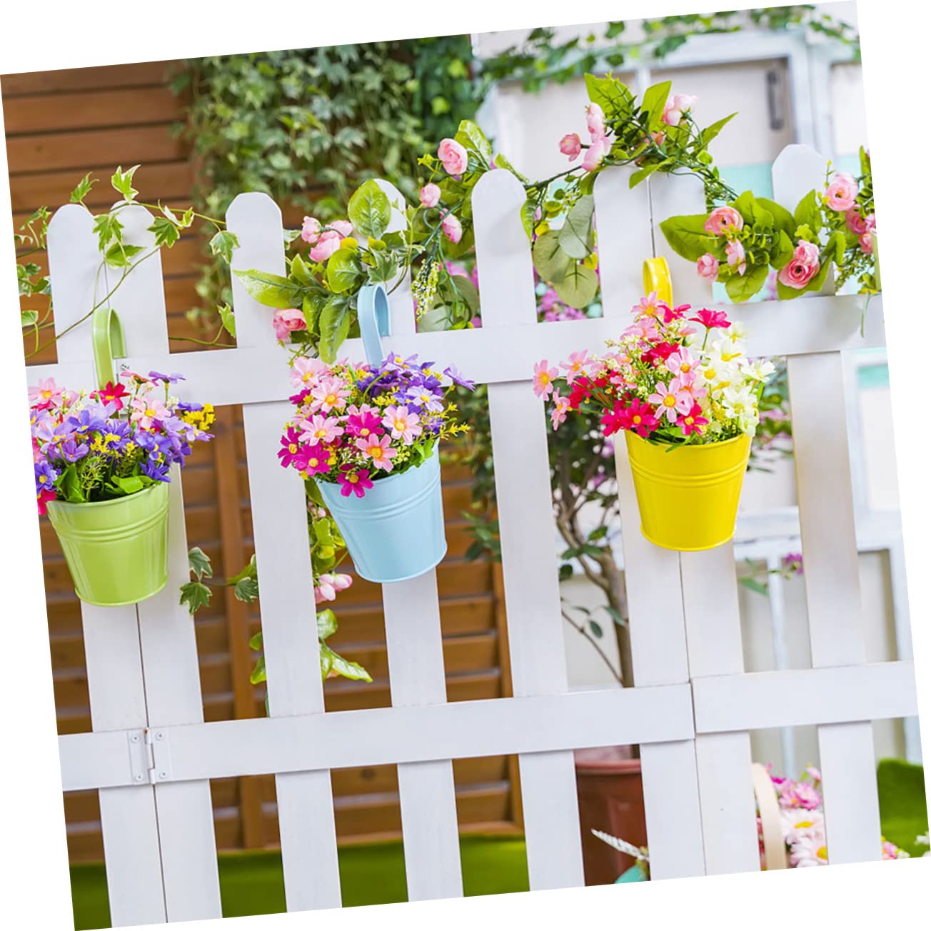 Jardinière Amovible Fleurs en Balcon Jardin Bleu, Pot Suspendue de Fer Crochet et Trou de Drainage, Lot de 4 pour Intérieur