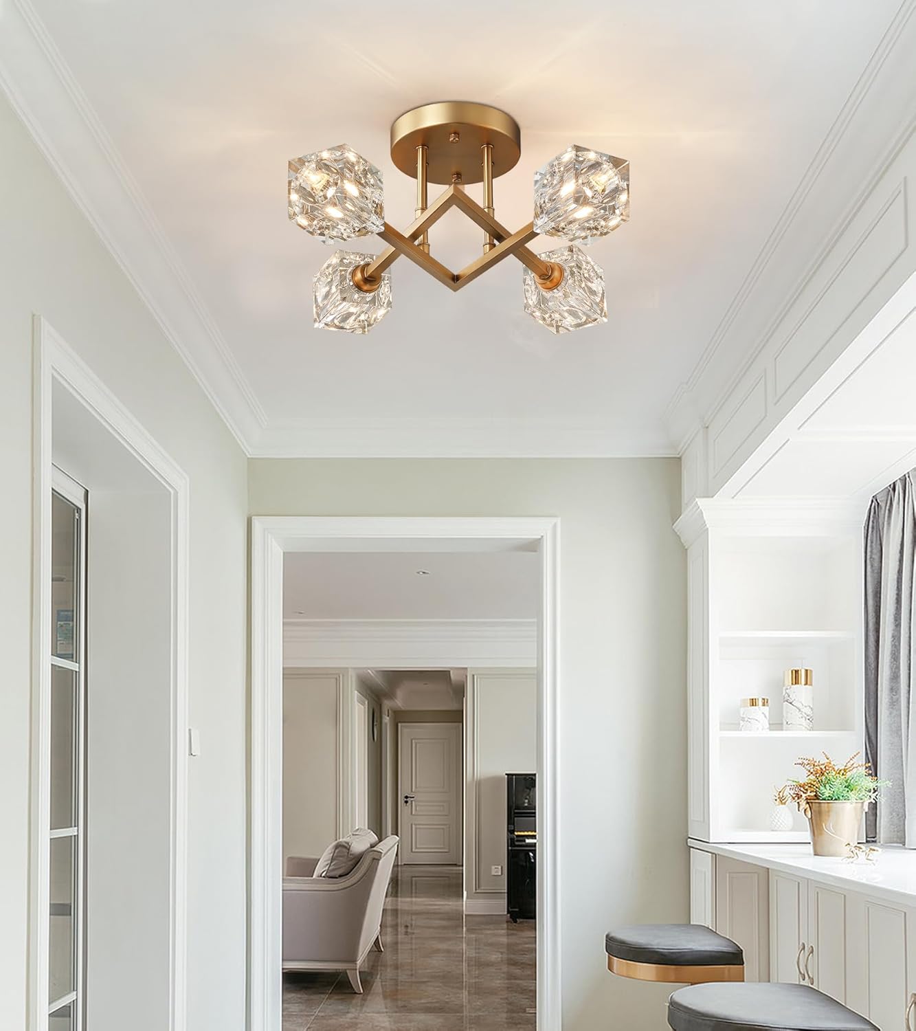 AMZASA Semi Flush Mount Ceiling Light,Gold Modern Crystal Chandelier Ceiling Light Fixtures for Entryway Hallway Dining Room Kitchen Living Room Bedroom