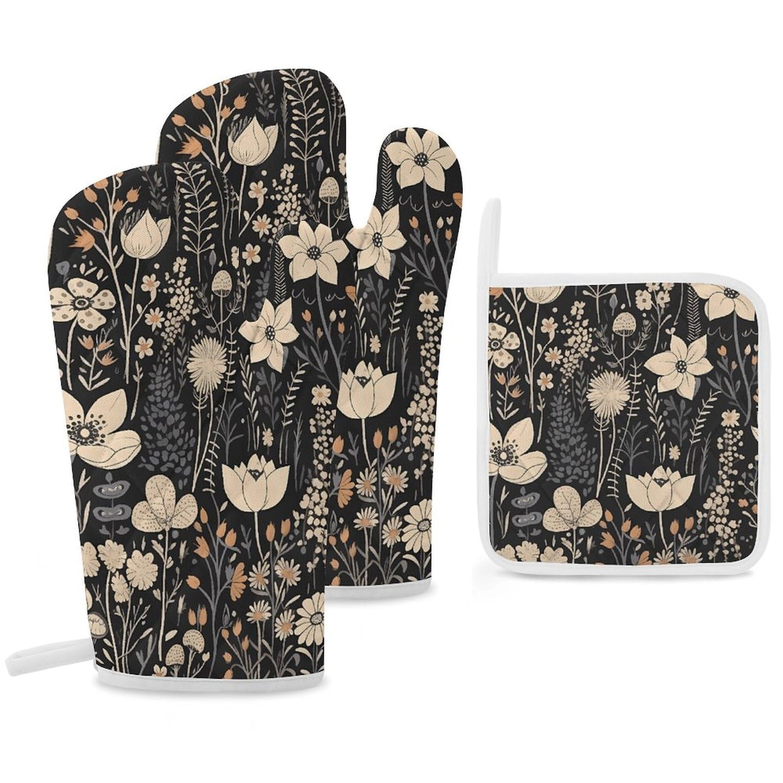 Gants de cuisine anti-brûlure ensemble maniques fleurs noir