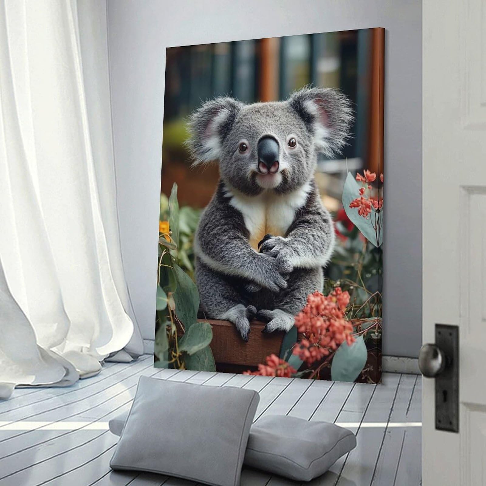 Junmoney Cute Koala Portrait Surrounded by Flowers Wall Picture Print, 08x12inch(20x30cm), for Flats, Guest Rooms Or Compact Rooms, Decorative Canvas Decor for Home Updates