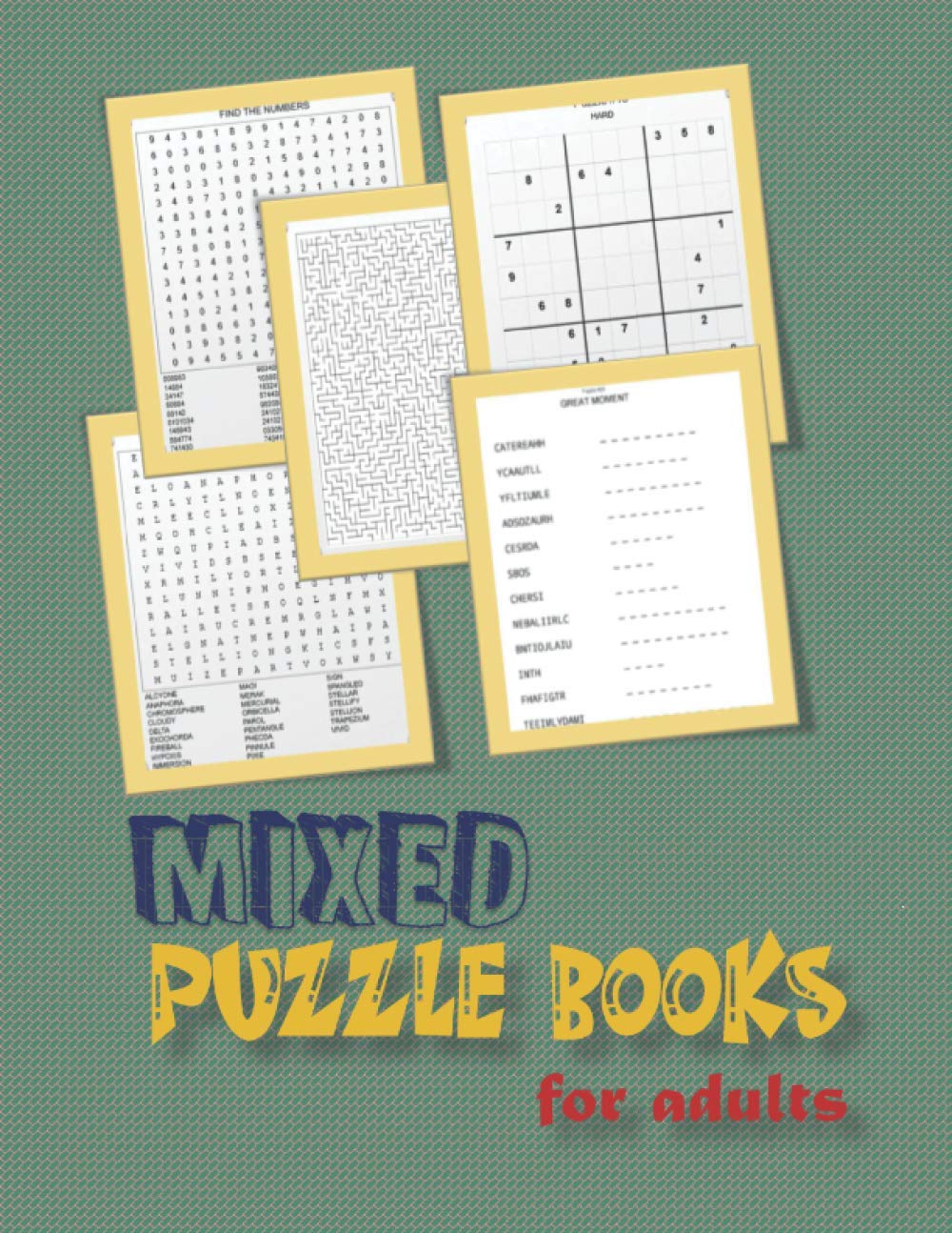 Mixed puzzle books for adults: word search, sudoku hard ,Number searches , scramble,and mazes 8,5”x11” 106 pages