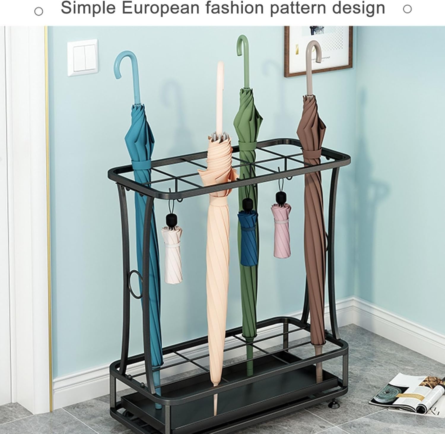 10-Slot Metal Umbrella Stand with 8 Hooks and Removable Drip Tray – Indoor Outdoor Holder for Entryway, Office
