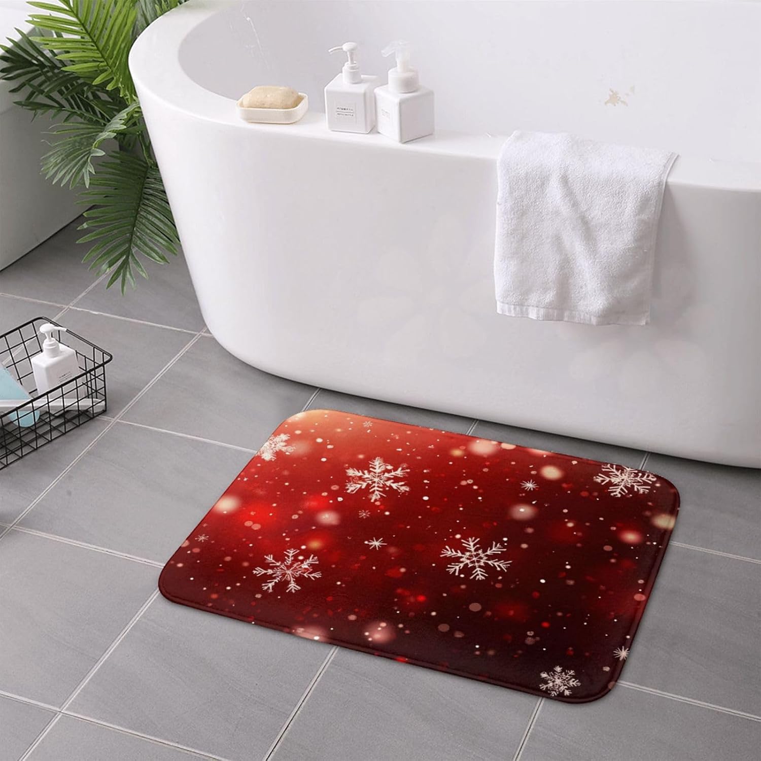 Bath Mat Red Christmas Snowflake Xmas Glitter Bathroom Rug Shower Mat Non Slip Absorbent Quick Dry Memory Foam Washable Soft Floor Carpet Bath Rug for Small Bathroom Tub Sink Hotel 15.7 x 23.6 inch