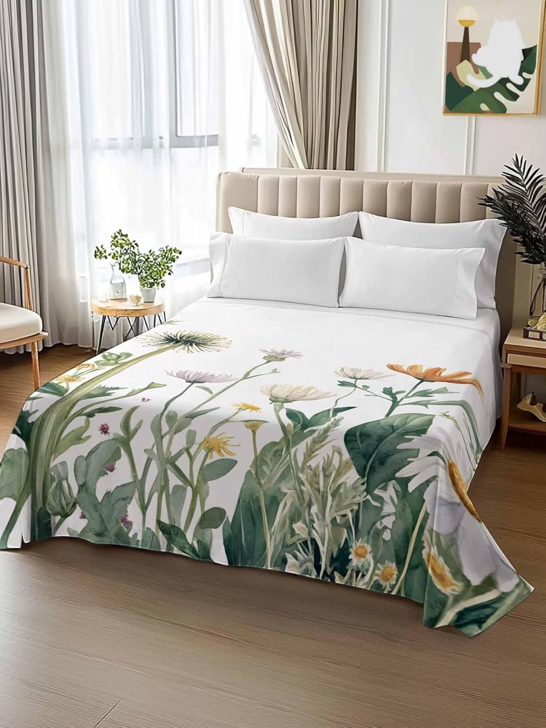 Top Sheet Full Bedding Flat Sheet Only, Spring Farmhouse Wildflowers Floral Microfiber Bed Sheets Soft Breathable Bedding Flat Sheets, Pastoral Garden Plant Hotel Luxury Top Sheets