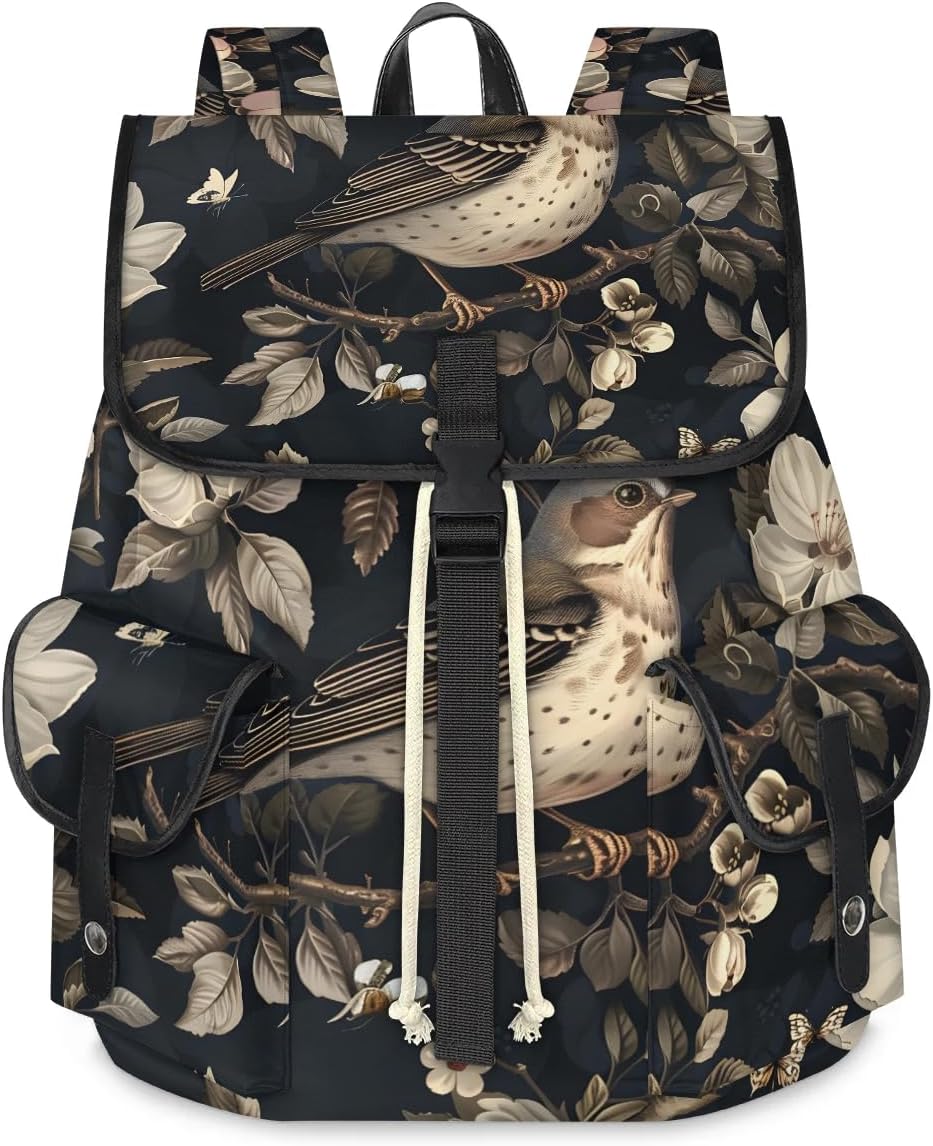 Cute Birds Flowers Waterproof Laptop Backpack for Men Women Vintage Style Backpack Large Storage Carry on Backpack for Travel & Work Fits 15-inch Notebook