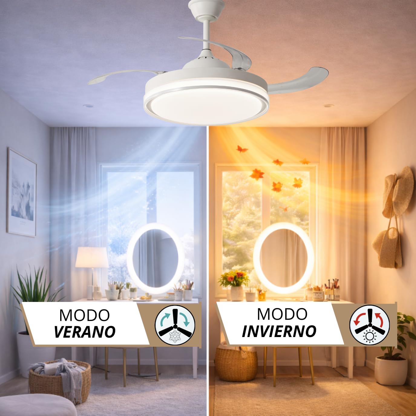 NARVI Ventilador de Techo Blanco con Luz LED Regulable, Motor DC 30W Silencioso de Bajo Consumo, Lámpara Ventilador con Mando a Distancia, 3 Aspas Retráctiles, Función Invierno Verano, LOVANIA 1576 WH