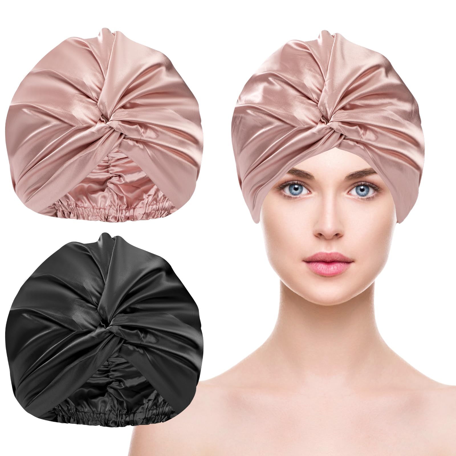 Cappello da Notte in Raso Cuffia da Donne con Fascia Elastica Berretto di Satinato 2 Pezzi Nero Champagne per Dormire