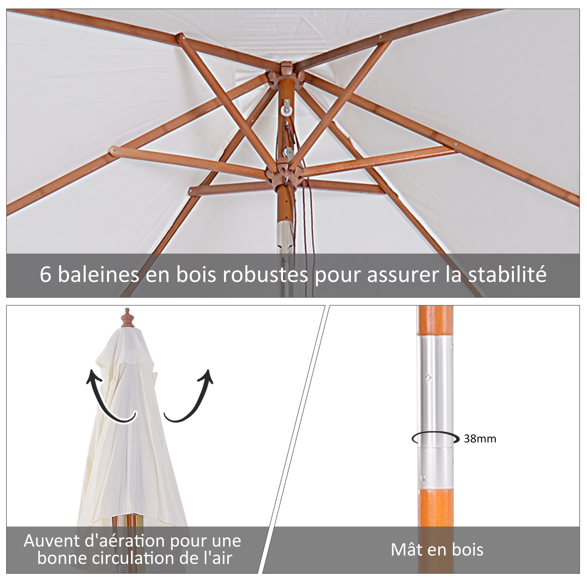 Outsunny Parasol de jardin extérieur Parasol rectangulaire inclinable bois polyester haute densité 2L x 1,5l x 2,3H m crème