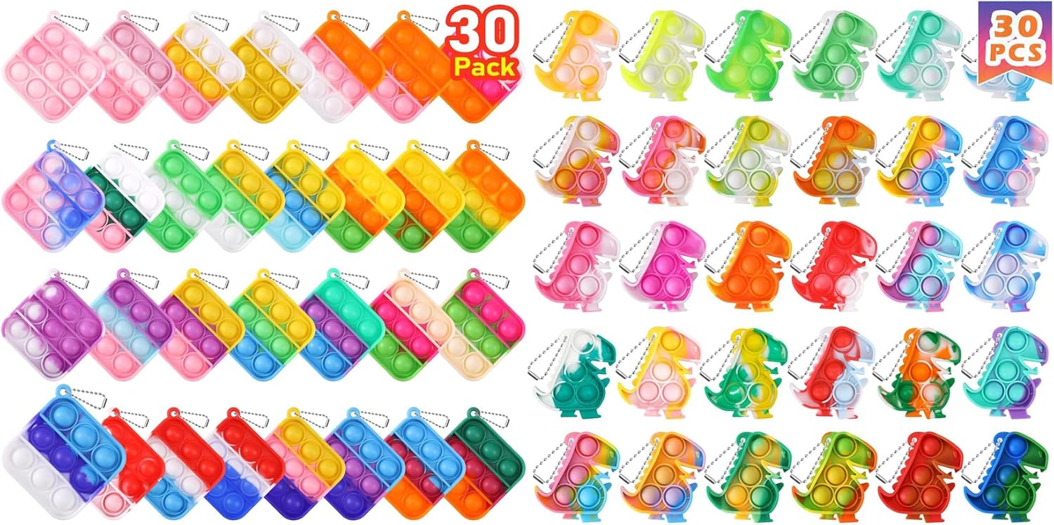 Dinosaur Party Favors 30 Pack Fidget Toys Bulk Dinosaur Keychains Dino Party Favors for Kids 4-8 and 30 Pack Mini Pop Fidget Keychain Its Birthday Party Favors for Kids