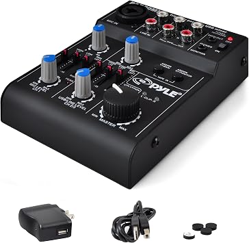 Pyle 5-Channel Rechargeable Mini Portable Audio Mixer Compact Music Mixer DJ Controller with USB Interface, Slider EQ Controls, XLR Combo Mic Input, Rechargeable Battery, USB/Line/Master Controls