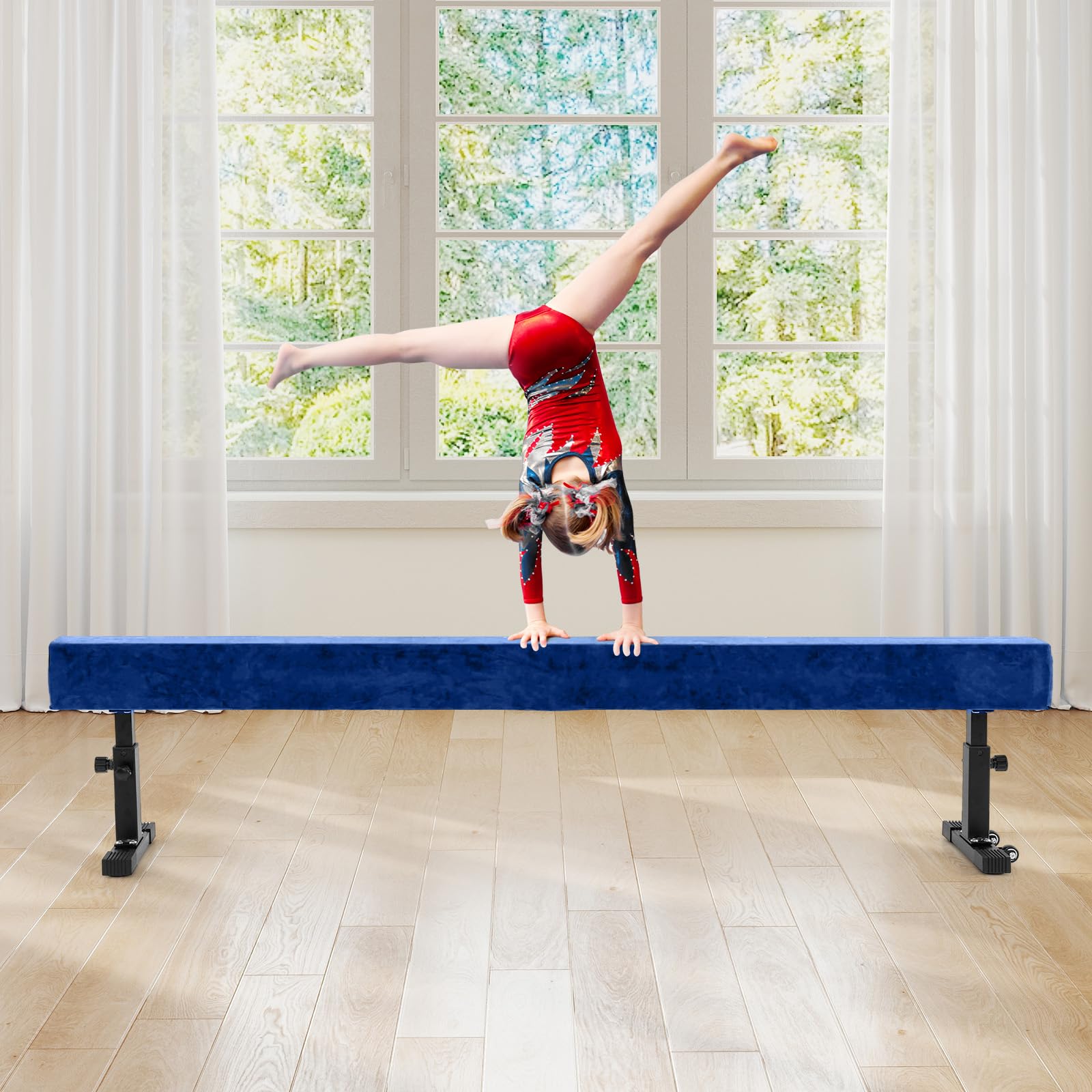 COSTWAY Poutre de Gymnastique de 226 cm, Barre de Gymnastique Hauteur Réglable à 3 Niveaux avec Pieds et Roues en Métal, Équipement d'Entraînement à Domicile pour Enfants Gymnastes