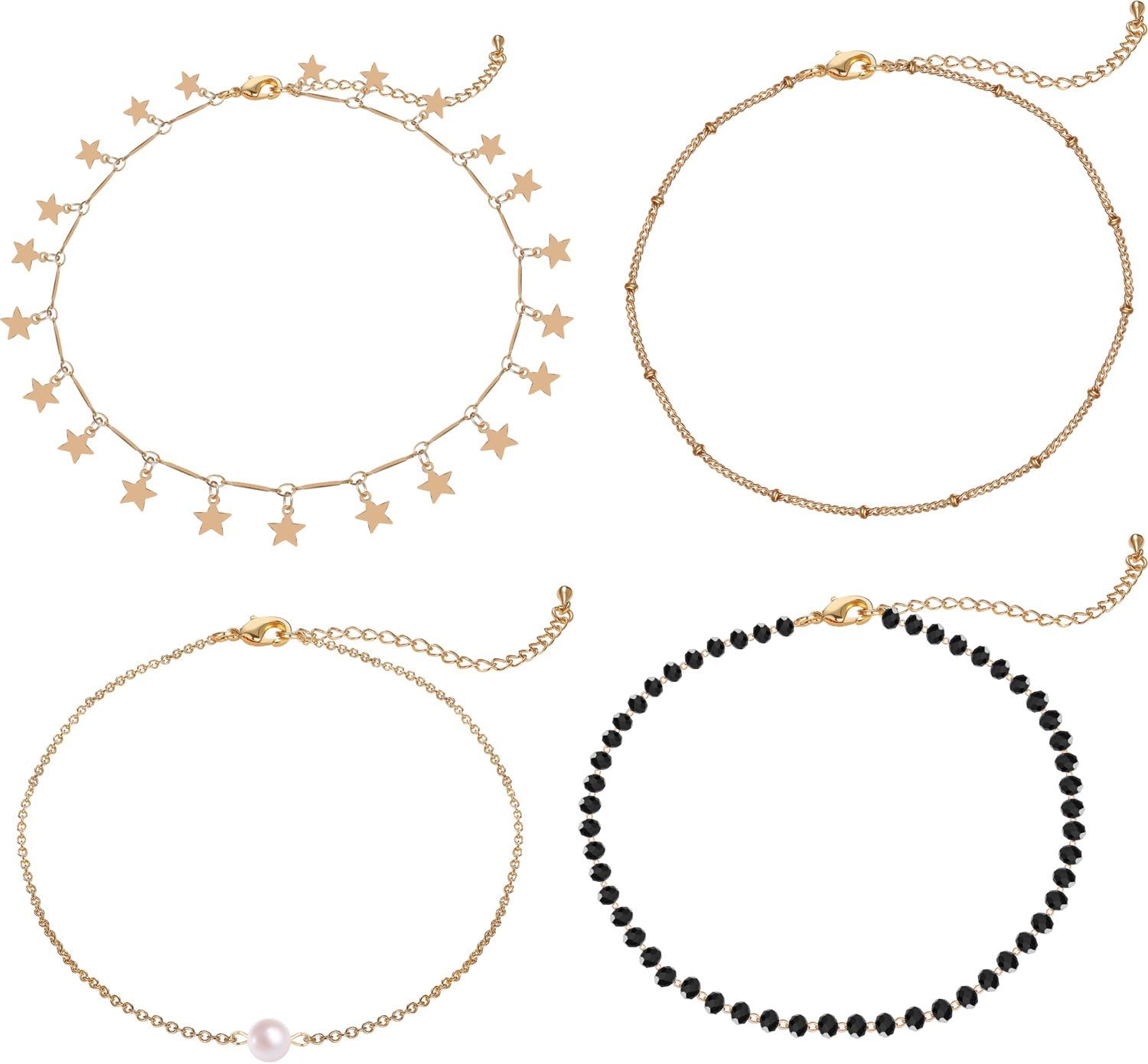 Lateefah Gold Star Pearl Choker Necklace -4 Pieces Set Dainty Pendant Handmade Necklace for Women Girls