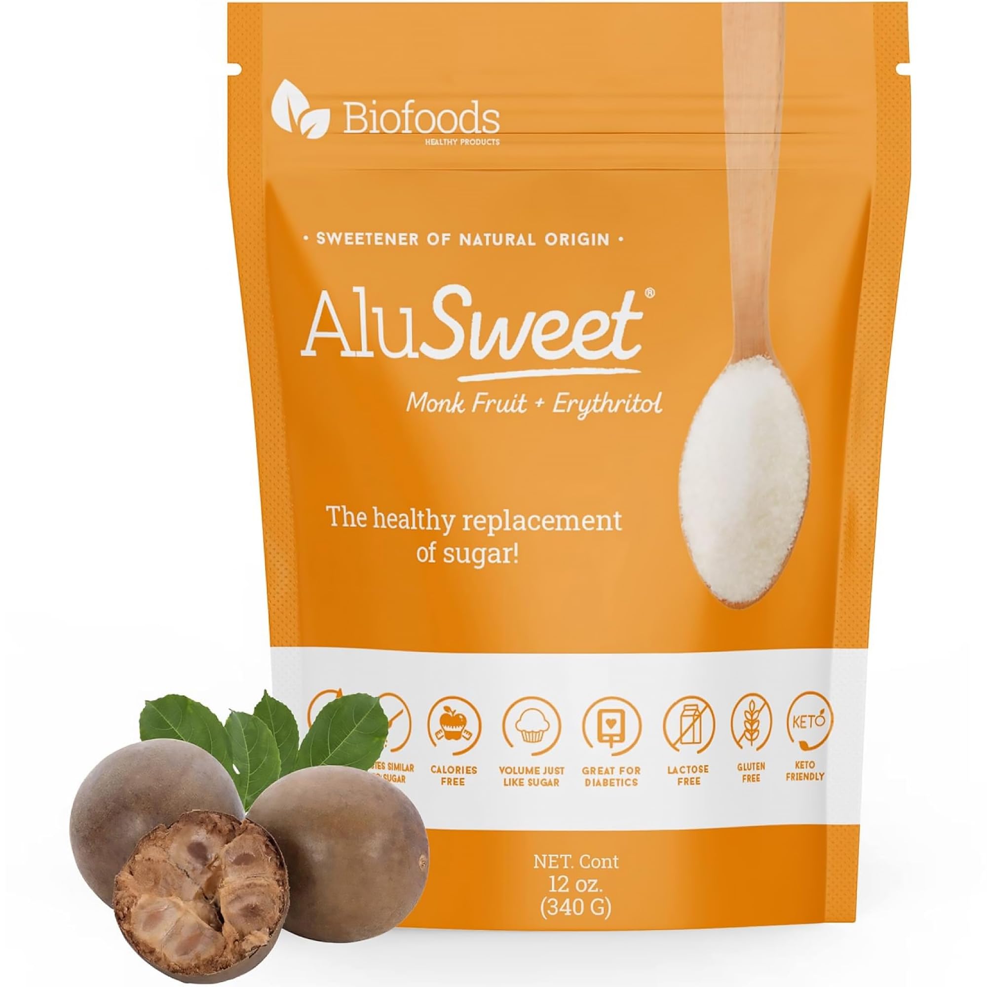 Alusweet Monk Fruit Sweetener with Erythritol Zero Calorie - 12 oz - 1:1 Sugar Substitute, Keto-Friendly, Gluten-Free, Organic, Plant-Based Sugar Substitute for Baking, Coffee, Cooking and Drinks