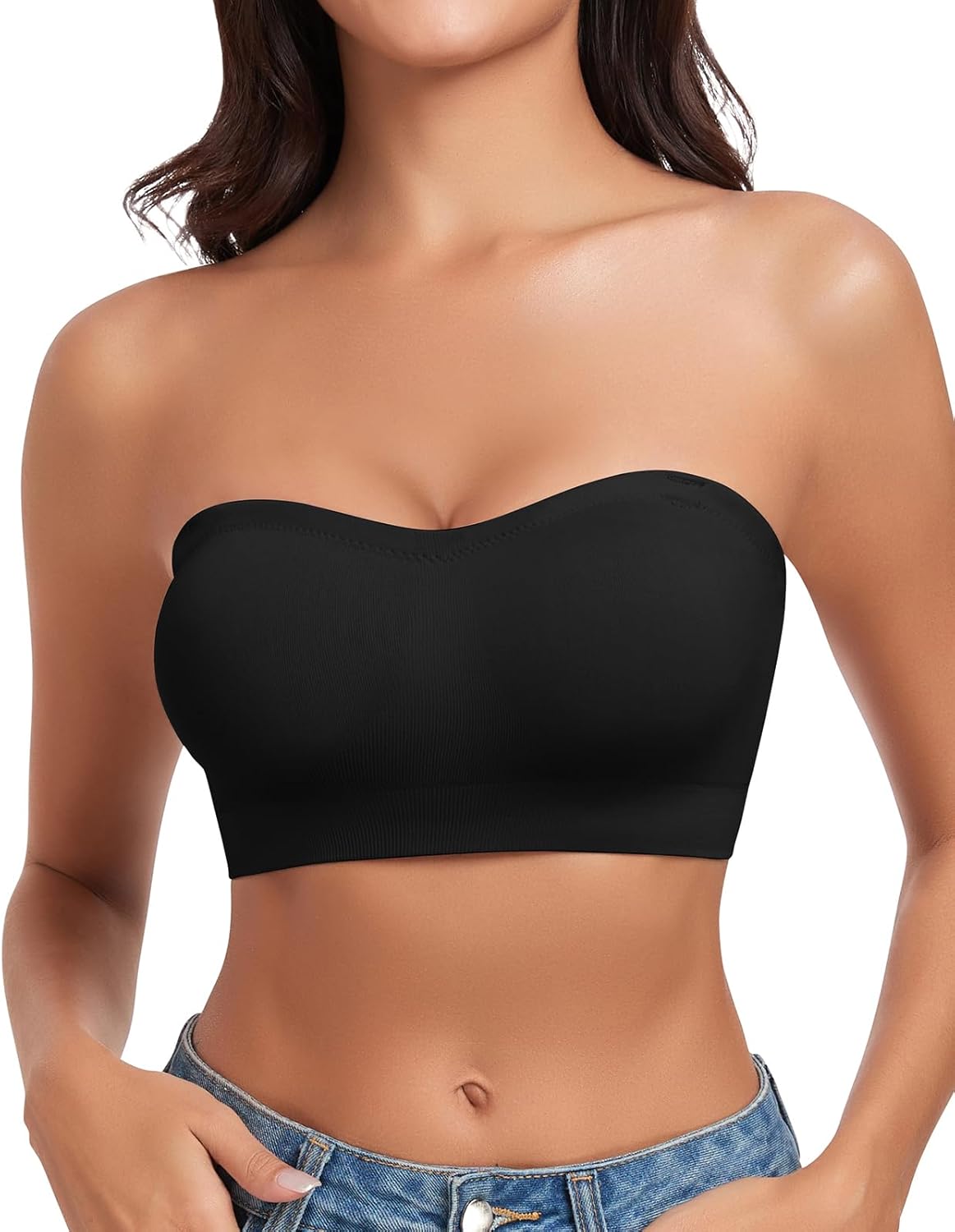 WOWENY Strapless Bras for Women Bandeau Bra Wireless Non-Slip Silicone Seamless Padded Tube Top Bra
