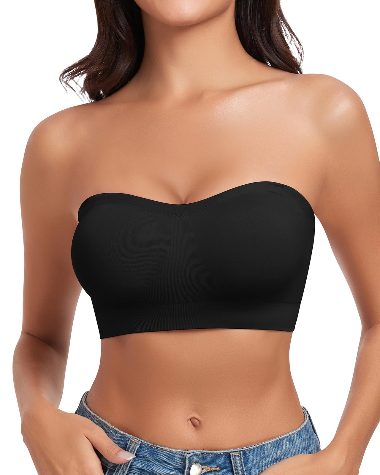 WOWENY Strapless Bras for Women Bandeau Bra Wireless Non-Slip Silicone Seamless Padded Tube Top Bra
