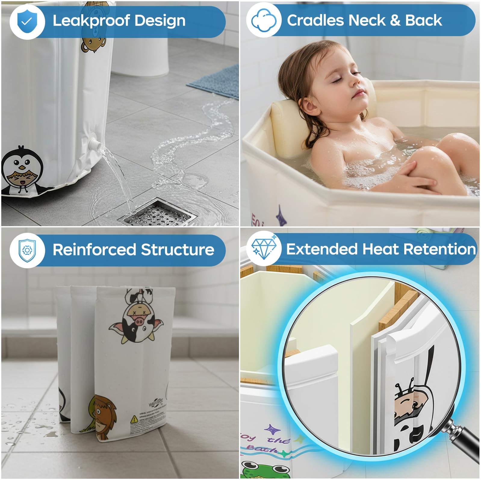 Vasca da bagno pieghevole per bambini con fiore per doccia, design con mostro dei cartoni animati, vasca da bagno portatile con anatra giocattolo