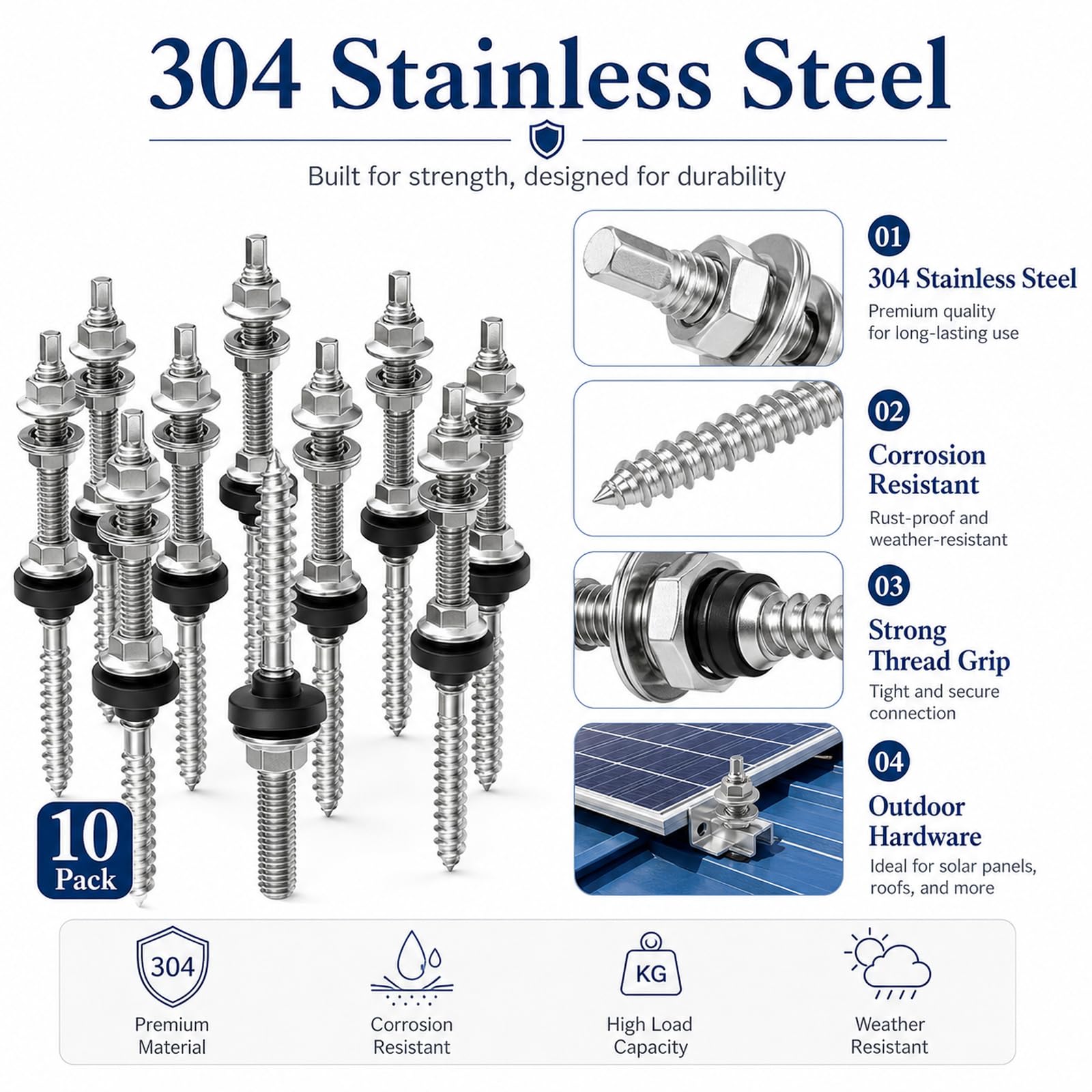 STARVAST 10 Stück Stockschrauben M10 Edelstahl，250mm Stockschraube Vormontiert，Edelstahl V2A A2 für Photovoltaik- Solarbefestigung auf Gebäudedächer
