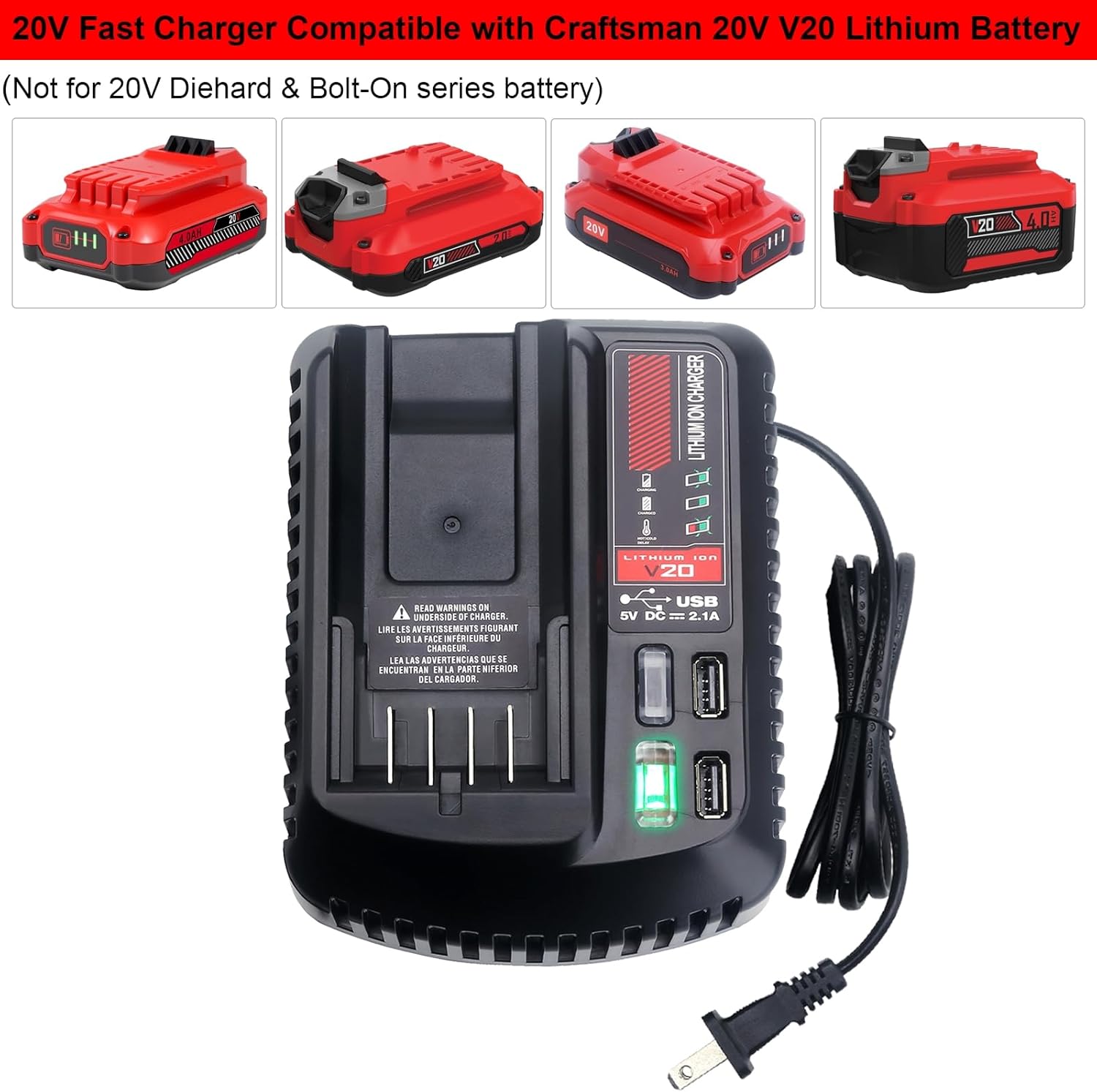 CMCB104 Fast Charger Compatible with Craftsman 20V Battery Charger CMCB100 CMCB102 CMCB124 Compatible with 20V Battery CMCB201 CMCB202 CMCB204 CMCB205 CMCB206 - Image 2