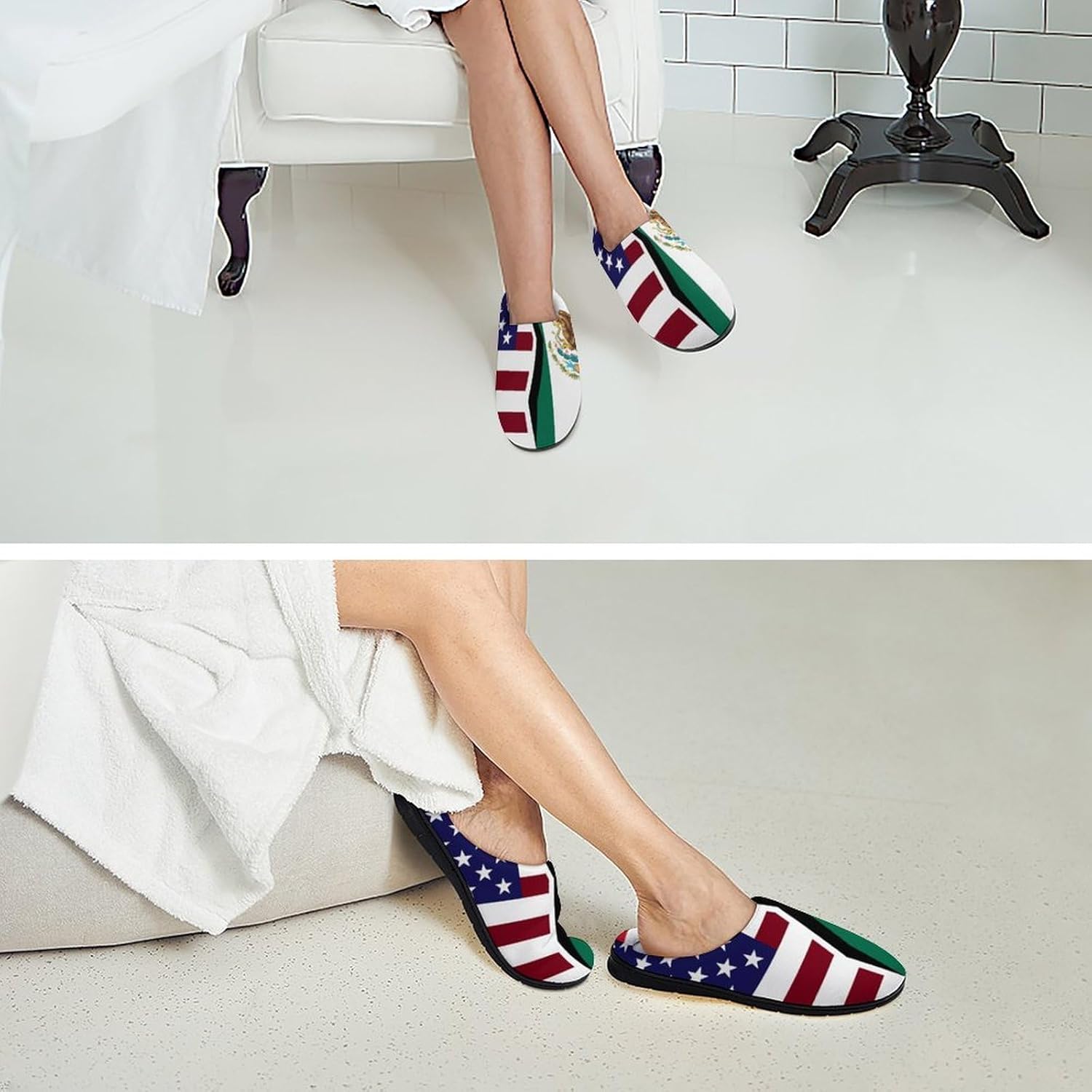U.S.A Mexican Flag Women's House Slippers Memory Foam Warm Shoes Spa Rubber Sole Indoor Outdoor
