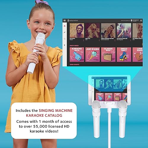 Miniatura 5 de Singing Machine Máquina de karaoke portátil para adultos y niños con 2 micrófonos inalámbricos, escenario en casa (blanco) - Altavoz de karaoke