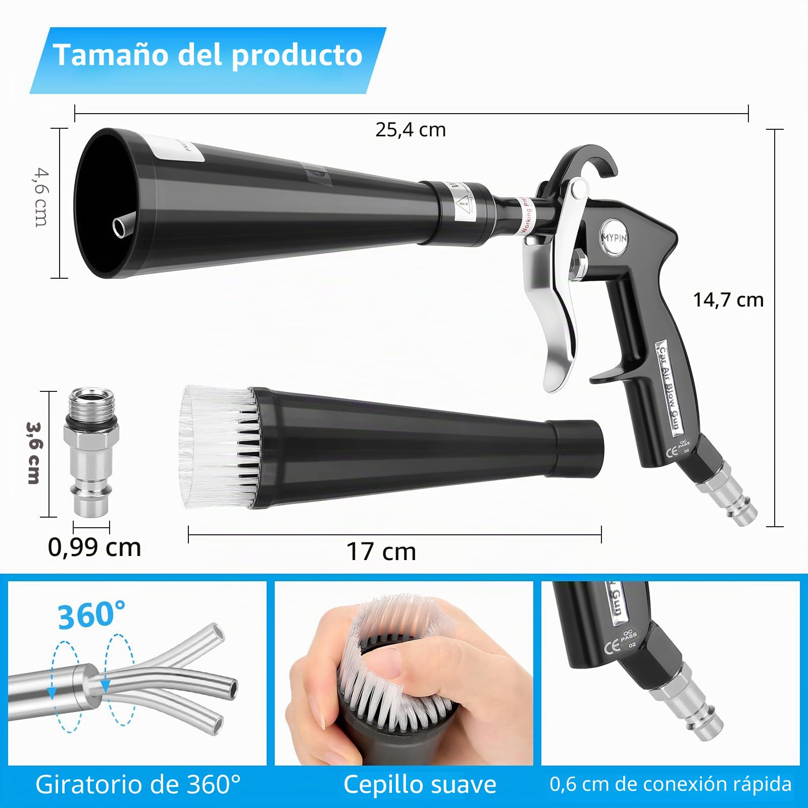 MYPIN Pistola de Limpieza de Coches, 6-9.2Bar, Pistola de Aire Comprimido en Seco Alta Presión con 2 Juegos de Boquilla/Toalla, Pistola de Soplado para Limpieza Interior del Coche