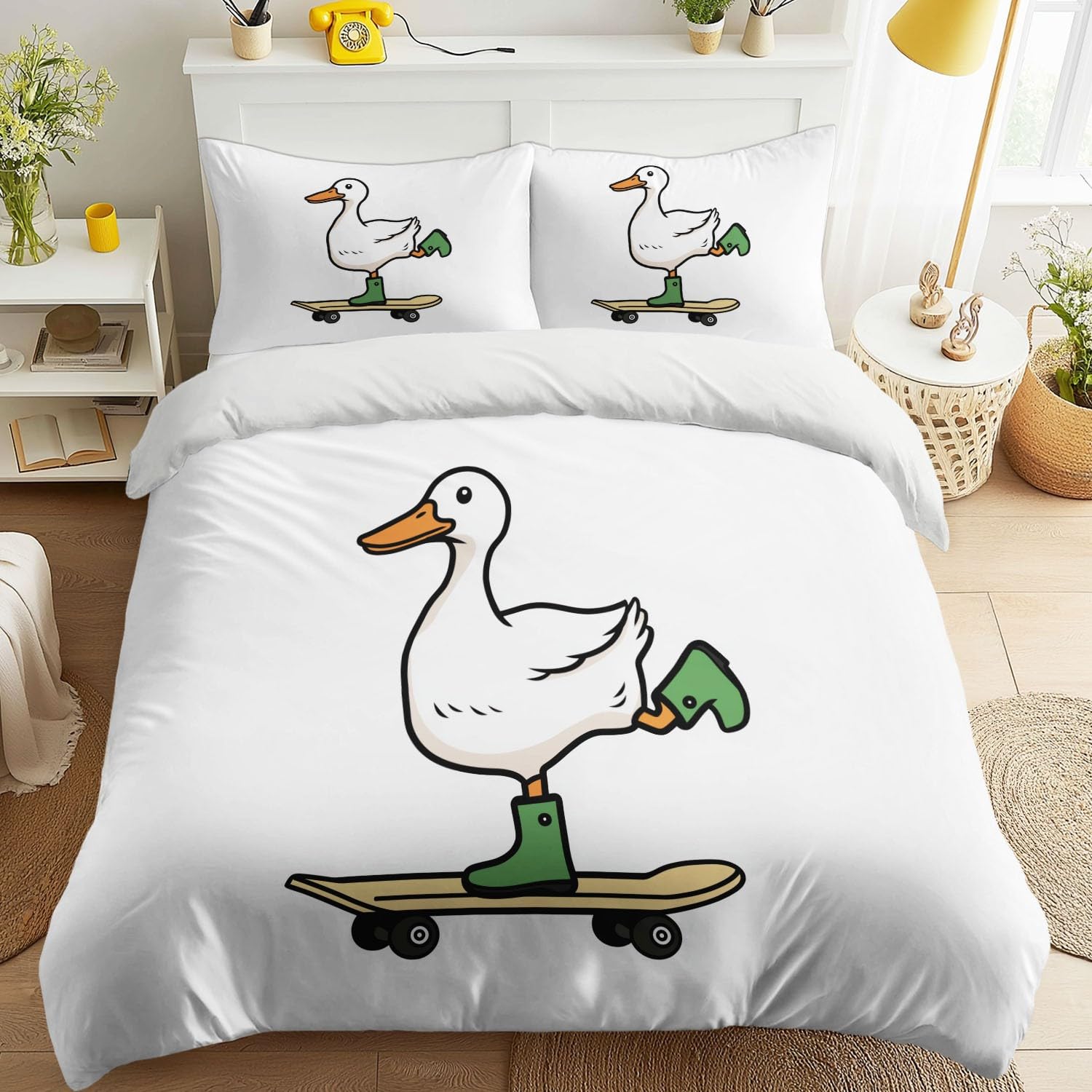 Cartoon Animal Super King zestaw poszewek na kołdrę dla dorosłych, dzieci, chłopców, dziewcząt, urocza kaczka, deskorolka, zestaw pościeli, ultramiękkie, dwustronne, 3-częściowe poszewki na kołdrę z 2