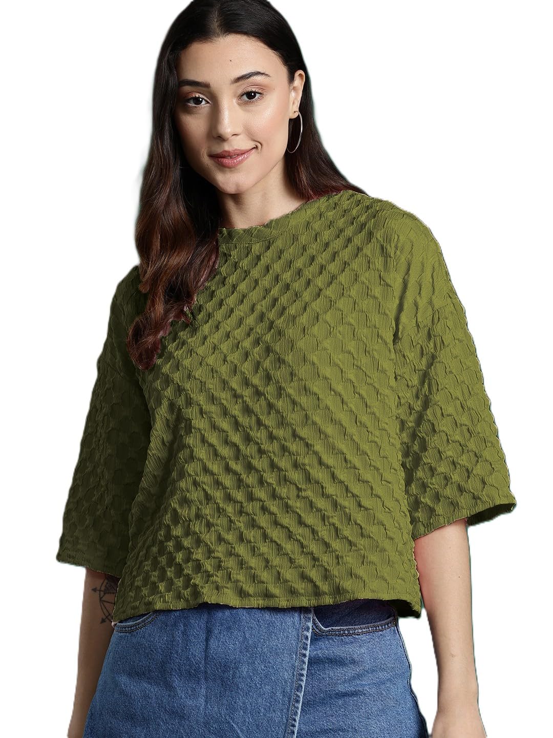Womens Round Neck Drop Shoulder Tops Half Sleeve Tops for Woman Stylish Western Bricks Wool Casual Crop Tops-image-26