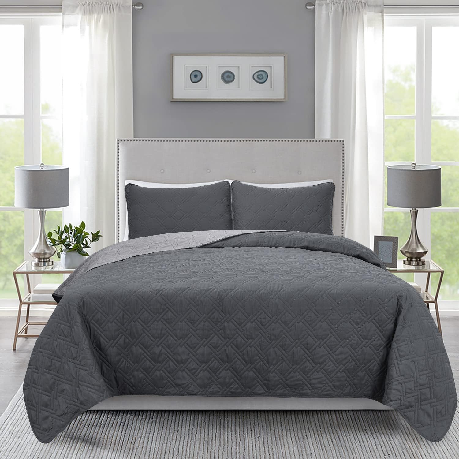 Bedream 3 Piece Oversized Basket Weave Bedspread Set, Classic Double Sided Stitch Quilted Coverlet Set for Summer, Dark Gray Solid Lightweight Microfiber Bedding Set with 2 Shams, King Size （C11）