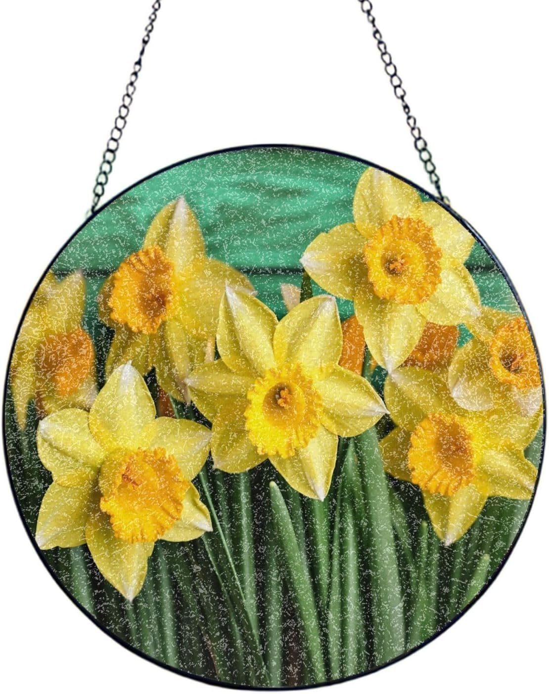 Stained Glass Window Hanging 6in（15cm）, Yellow Daffodils Flowers Glass Suncatcher for Home Decor, Indoor Wall Art Glass Panel with Metal Chain and Hooks, Sun Catcher Ornament Birthday Gifts
