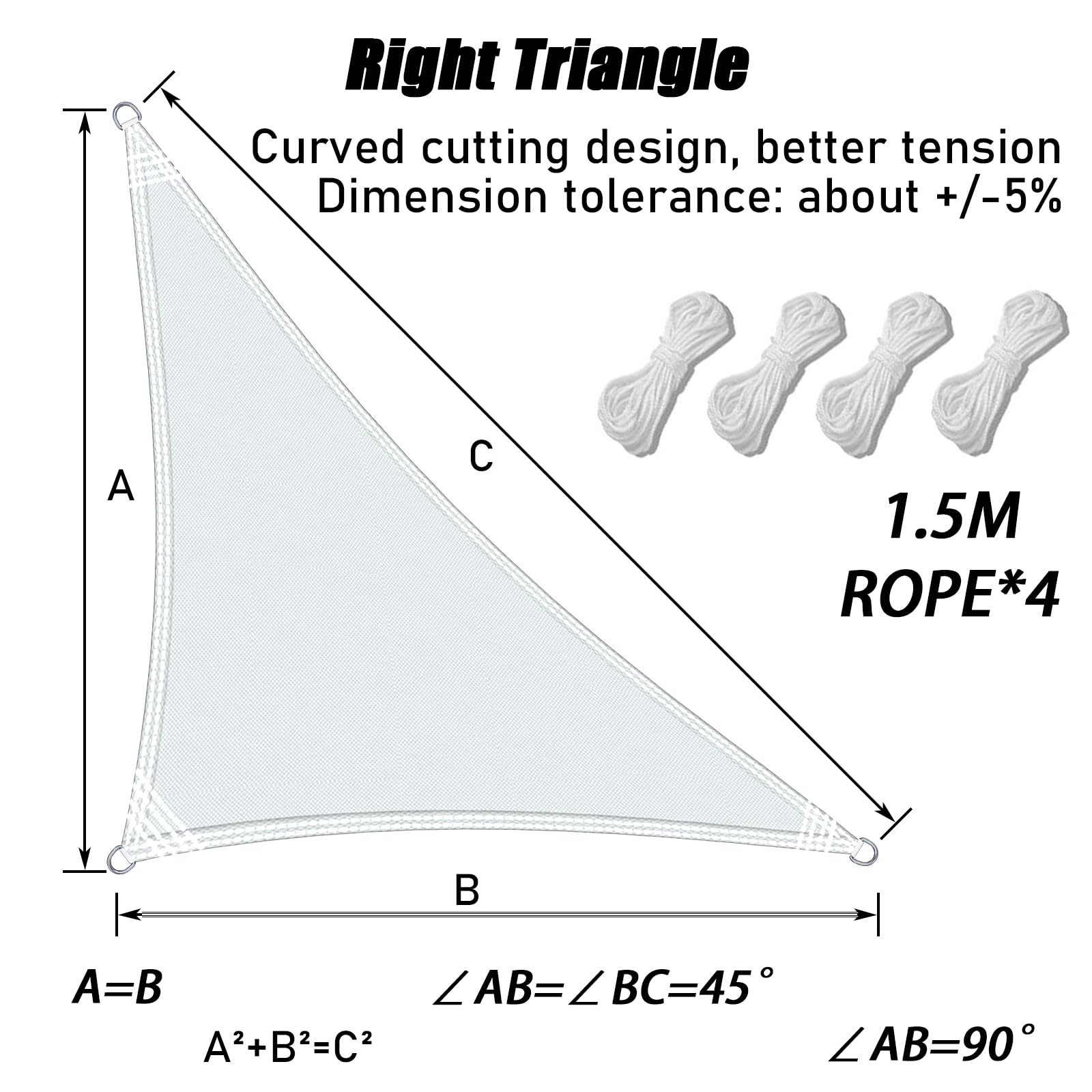 Voile d'ombrage Triangle Imperméable Protection UV 2m x 2m x 2.8m Bâche dombrages avec Cordes de Fixation Protection Solaire pour Jardin Patio Terrasse Camping Extérieur Balcon. Blanc crème