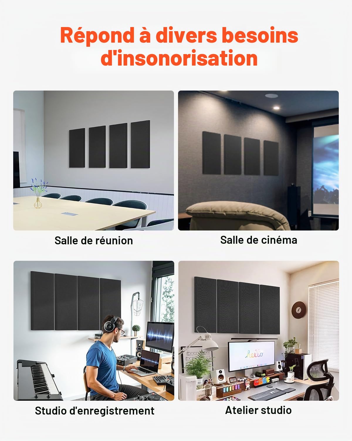 VEVOR Panneau Acoustique Mural Autocollant, Lot de 4, Panneaux Insonorisants Muraux en Fibre de Verre 60x30x5 cm, Isolation Phonique pour Maison, Home Cinéma, Studio, Bureau, Salle de Réunion, Noir