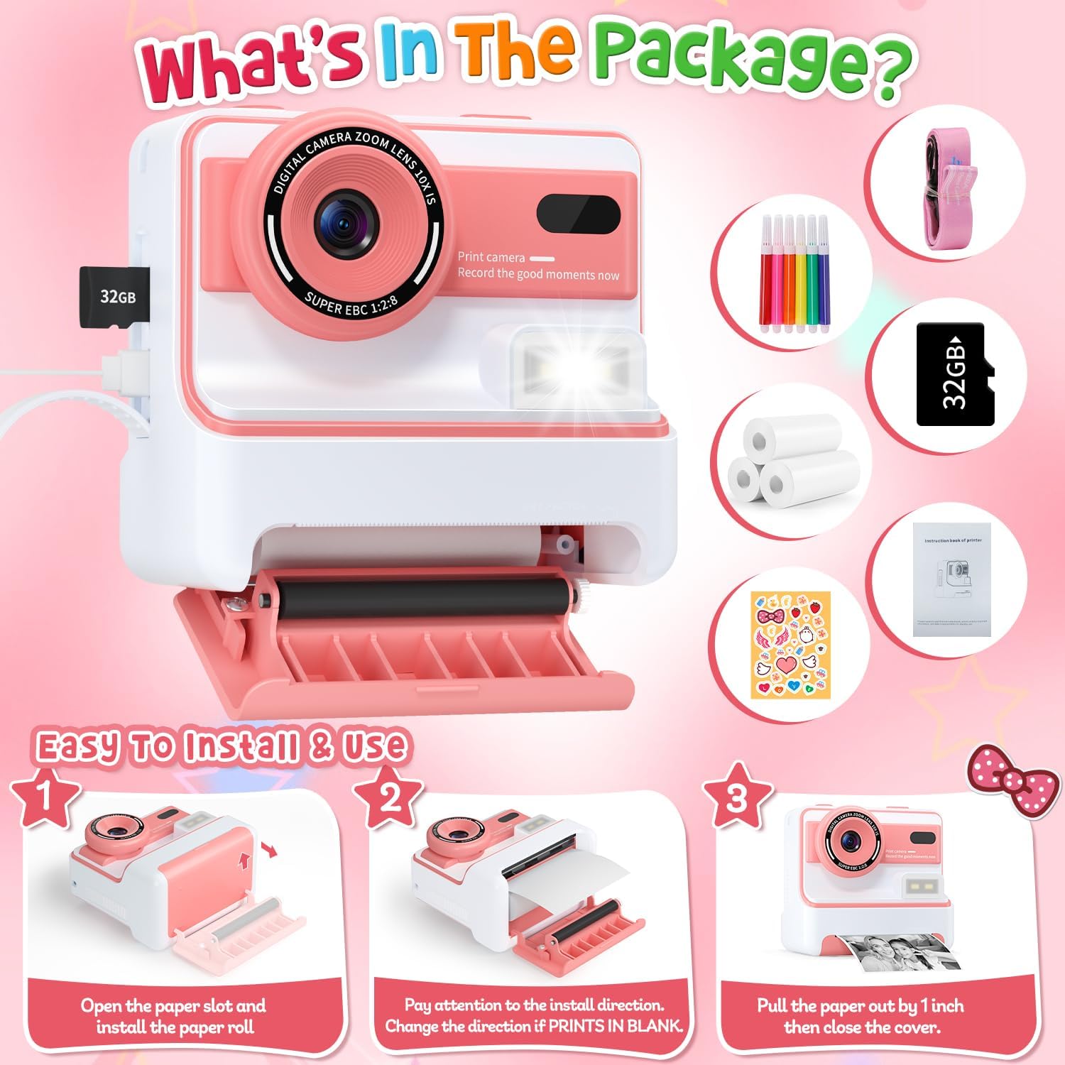 Kids Camera Gift for Girls: Dual Lens Instant Print Digital Camera Christmas Birthday Gifts Toys for 3 4 5 6 7 8 9 10 Year Old Girls Boys Stocking Stuffers for Girl Boys Age 3-12 with 32GB Card (Pink) - Image 8